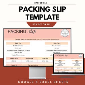 May include: A digital packing slip template displayed on a computer monitor and laptop. The template features a peach and white color scheme with the text "PACKING SLIP TEMPLATE" and "60% OFF ON ALL". The template is for Google & Excel Sheets.