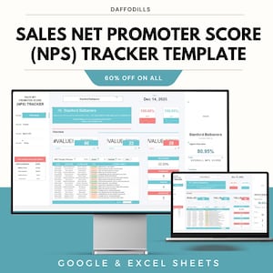 May include: A computer monitor and laptop display a "SALES NET PROMOTER SCORE (NPS) TRACKER TEMPLATE." The template shows data visualizations with the text "Stanford Balbaners" and "Dec 14, 2025." The image also includes the text "60% OFF ON ALL" and "GOOGLE & EXCEL SHEETS."