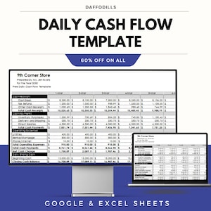 May include: A digital daily cash flow template, with the text "DAILY CASH FLOW TEMPLATE" and "60% OFF ON ALL". The template is displayed on a computer monitor and a laptop, with the words "GOOGLE & EXCEL SHEETS" at the bottom.