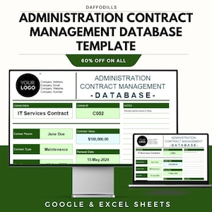 May include: A digital template for administration contract management, displayed on a computer monitor and laptop. The template includes fields for contract name, contract ID, contact person, contract value, and renewal date. The text "60% OFF ON ALL" is also visible.