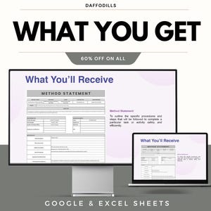 May include: A digital display and laptop showing a "Method Statement" document. The text "WHAT YOU GET" is at the top, with "60% OFF ON ALL" below it. The bottom of the image reads "GOOGLE & EXCEL SHEETS".