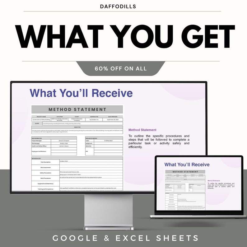May include: A digital display and laptop showing a "Method Statement" document. The text "WHAT YOU GET" is at the top, with "60% OFF ON ALL" below it. The bottom of the image reads "GOOGLE & EXCEL SHEETS".