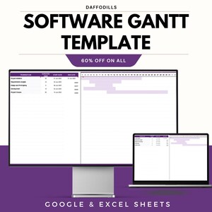 May include: A computer monitor and laptop display a software Gantt template. The text at the top reads "SOFTWARE GANTT TEMPLATE" with "60% OFF ON ALL" below. The bottom of the image says "GOOGLE & EXCEL SHEETS".