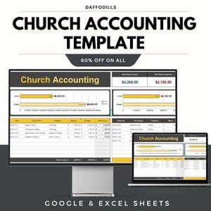 May include: A digital church accounting template displayed on a computer monitor and laptop. The template includes sections for income, expenses, and budget tracking. The text "CHURCH ACCOUNTING TEMPLATE" is prominently displayed, with a 60% off promotion.