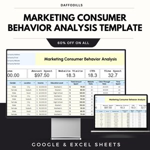 May include: A computer monitor and laptop display a marketing consumer behavior analysis template. The template includes data on amount spent, website visits, and time spent. The text "60% OFF ON ALL" is displayed above the template. The words "GOOGLE & EXCEL SHEETS" are at the bottom.