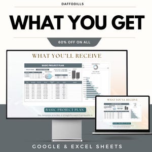 Op de afbeelding: Advertentie voor een digitaal product met een computermonitor en een laptop met een projectplansjabloon. De tekst bevat "WHAT YOU GET" en "WHAT YOU'LL RECEIVE". Het product is voor Google & Excel Sheets.