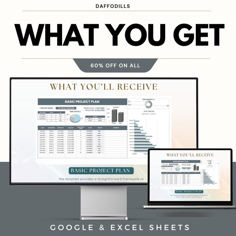 Op de afbeelding: Advertentie voor een digitaal product met een computermonitor en een laptop met een projectplansjabloon. De tekst bevat "WHAT YOU GET" en "WHAT YOU'LL RECEIVE". Het product is voor Google & Excel Sheets.