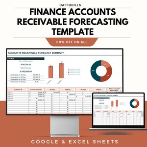 Peut inclure: Un écran d'ordinateur et un ordinateur portable affichent un modèle de prévision des comptes clients financiers. Le modèle comprend des graphiques et des tableaux avec des données financières. Le texte sur l'image dit "Finance Accounts Receivable Forecasting Template" et "60% off on all."