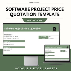 Puede incluir: Imagen digital que muestra una plantilla de cotización de precios de proyectos de software. La plantilla se muestra en un monitor de escritorio y una computadora portátil. El texto incluye "Software Project Price Quotation Template" y "60% OFF ON ALL".