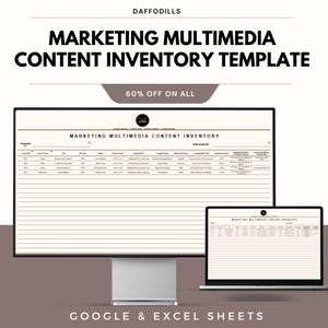 May include: A digital marketing template displayed on a computer monitor and laptop. The template is titled "Marketing Multimedia Content Inventory" and includes the text "60% OFF ON ALL" and "GOOGLE & EXCEL SHEETS". The Daffodils logo is at the top.