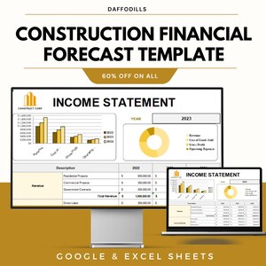 May include: A computer monitor and laptop display a financial forecast template. The template includes an income statement with charts and tables for revenue, cost of goods sold, and gross profit. The text reads "Construction Financial Forecast Template" and "Google & Excel Sheets."