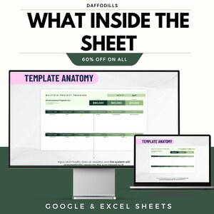 K&ouml;nnte beinhalten: Werbung f&uuml;r ein digitales Produkt mit einem Computermonitor und einem Laptop, die eine Tabellenvorlage anzeigen. Der Text lautet "WHAT INSIDE THE SHEET" und "TEMPLATE ANATOMY". Die Vorlage zeigt Projektverfolgungsdaten mit Finanzzahlen. Der Text unten lautet "GOOGLE & EXCEL SHEETS".