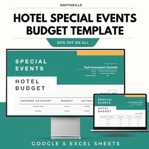 May include: A teal and white Hotel Special Events Budget Template displayed on a desktop monitor and a laptop. The template includes sections for expense categories, budget, and actual costs. The text "60% OFF ON ALL" is also visible.