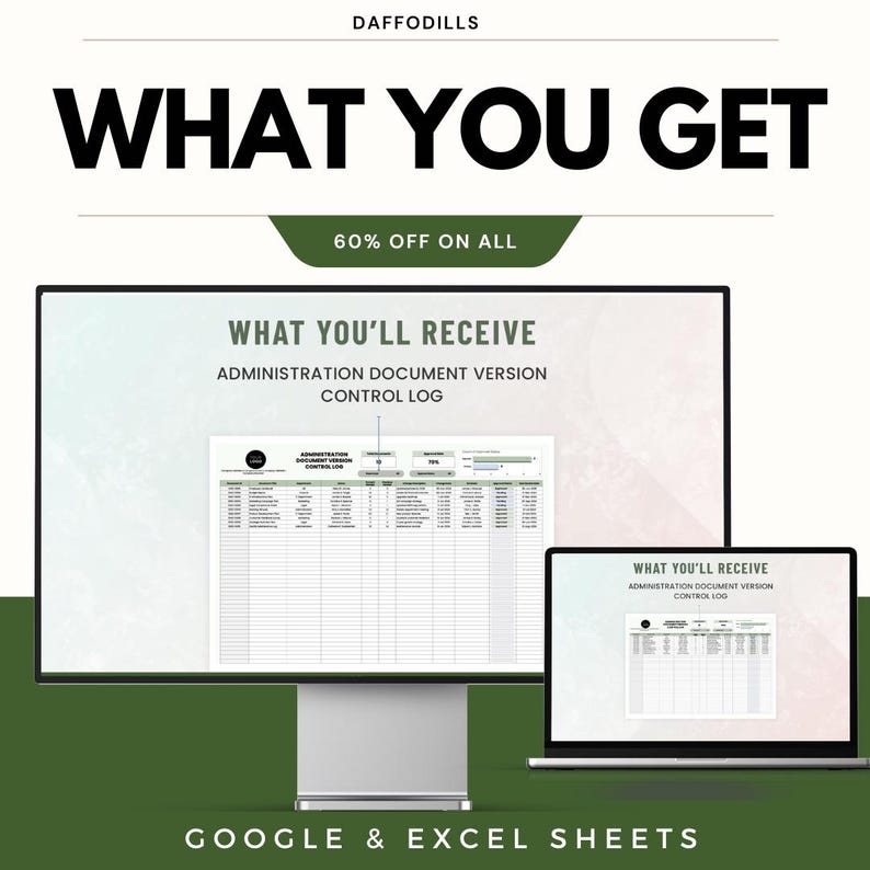 以下が含まれることがあります： 「WHAT YOU GET」というテキストが大きく黒字で表示されたデジタル製品の広告。その下に「60% OFF ON ALL」と書かれています。画像には、コンピューターモニターとラップトップが表示されており、「ADMINISTRATION DOCUMENT VERSION CONTROL LOG」というタイトルのスプレッドシートが表示されています。