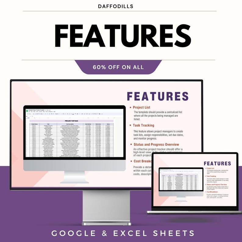 Peut inclure: Publicit&eacute; pour Google et Excel Sheets. L'image pr&eacute;sente un ordinateur de bureau et un ordinateur portable affichant un mod&egrave;le de gestion de projet. Le mot "FEATURES" est mis en &eacute;vidence, ainsi qu'une promotion de 60 % de r&eacute;duction.