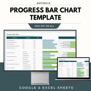 May include: A computer monitor and laptop displaying a progress bar chart template. The template includes project names, progress percentages, and goals. The text on the image reads "DAFFODILLS", "PROGRESS BAR CHART TEMPLATE", and "60% OFF ON ALL". The bottom of the image reads "GOOGLE & EXCEL SHEETS".