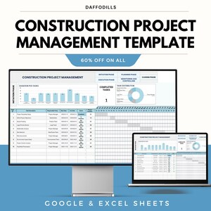Könnte beinhalten: Ein Computermonitor und ein Laptop, die eine Vorlage für das Bauprojektmanagement anzeigen. Die Vorlage enthält Diagramme und Tabellen mit Projektphasen und Aufgaben. Der Text auf dem Bild lautet "CONSTRUCTION PROJECT MANAGEMENT TEMPLATE" und "60% OFF ON ALL".