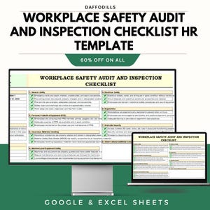 May include: A computer monitor and laptop show a "Workplace Safety Audit and Inspection Checklist HR Template." The template covers general safety, PPE, hazardous materials, machinery, electrical safety, ergonomics, and worksite security. The image also includes the text "60% OFF ON ALL."