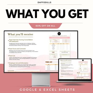 May include: A computer monitor and laptop display a pink and white document with the text "What you'll receive" and "Panel Interview Scoring Consolidation". The text "WHAT YOU GET" is at the top, with "60% OFF ON ALL" below it.
