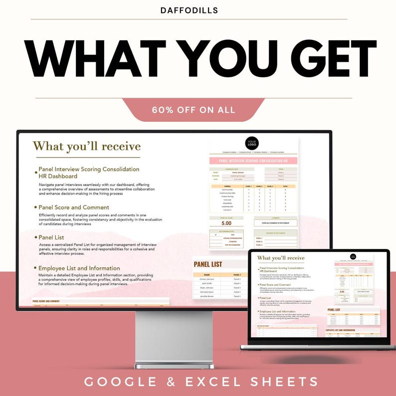 May include: A computer monitor and laptop display a pink and white document with the text "What you'll receive" and "Panel Interview Scoring Consolidation". The text "WHAT YOU GET" is at the top, with "60% OFF ON ALL" below it.