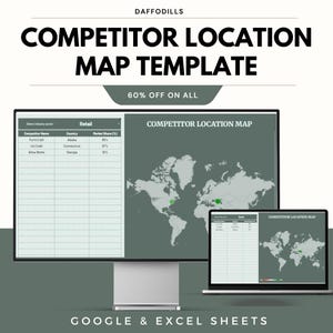 Mall för konkurrentkarta, marknadsanalyskarta, konkurrentspårare för företag, marknadskarta i Google Sheets, konkurrentark i Excel