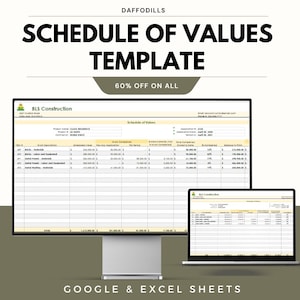 Op de afbeelding: Een computermonitor en een laptop met een sjabloon voor een "Waardeschema". De tekst "SCHEDULE OF VALUES TEMPLATE" staat bovenaan, met "60% OFF ON ALL" eronder. De onderkant van de afbeelding luidt "GOOGLE & EXCEL SHEETS".
