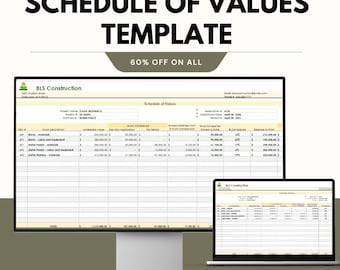 Plantilla de programa de valores, hoja de cálculo para la solicitud de pagos de construcción, hojas de cálculo de Excel para facturación de contratistas y seguimiento de costos del proyecto.