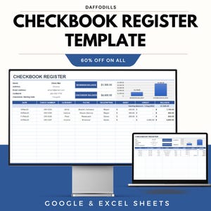 Op de afbeelding: Een digitale kasboek sjabloon weergegeven op een computermonitor en een laptop. De sjabloon bevat velden voor beginsaldo, kasboeksaldo en transactiegegevens. De tekst "CHECKBOOK REGISTER TEMPLATE" staat bovenaan, met "60% OFF ON ALL" eronder.