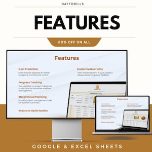 Op de afbeelding: Een promotieafbeelding voor Google & Excel Sheets, met een desktopcomputer en twee laptops met projectmanagementfuncties. De afbeelding bevat de tekst "FEATURES" en "60% OFF ON ALL". De functies omvatten kostenvoorspelling, voortgangsregistratie en gestroomlijnde planning.