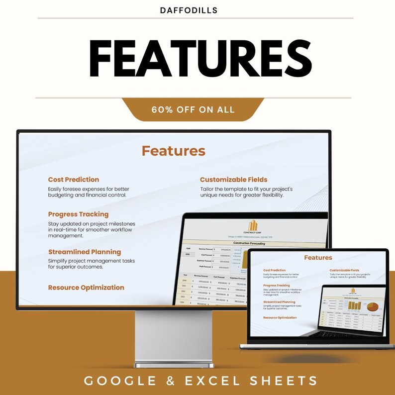 Op de afbeelding: Een promotieafbeelding voor Google & Excel Sheets, met een desktopcomputer en twee laptops met projectmanagementfuncties. De afbeelding bevat de tekst "FEATURES" en "60% OFF ON ALL". De functies omvatten kostenvoorspelling, voortgangsregistratie en gestroomlijnde planning.