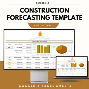 Puede incluir: Una plantilla digital de previsión de construcción que se muestra en un monitor de ordenador y un portátil. La plantilla incluye datos financieros, gráficos y el texto "CONSTRUCTION FORECASTING TEMPLATE" y "60% OFF ON ALL".