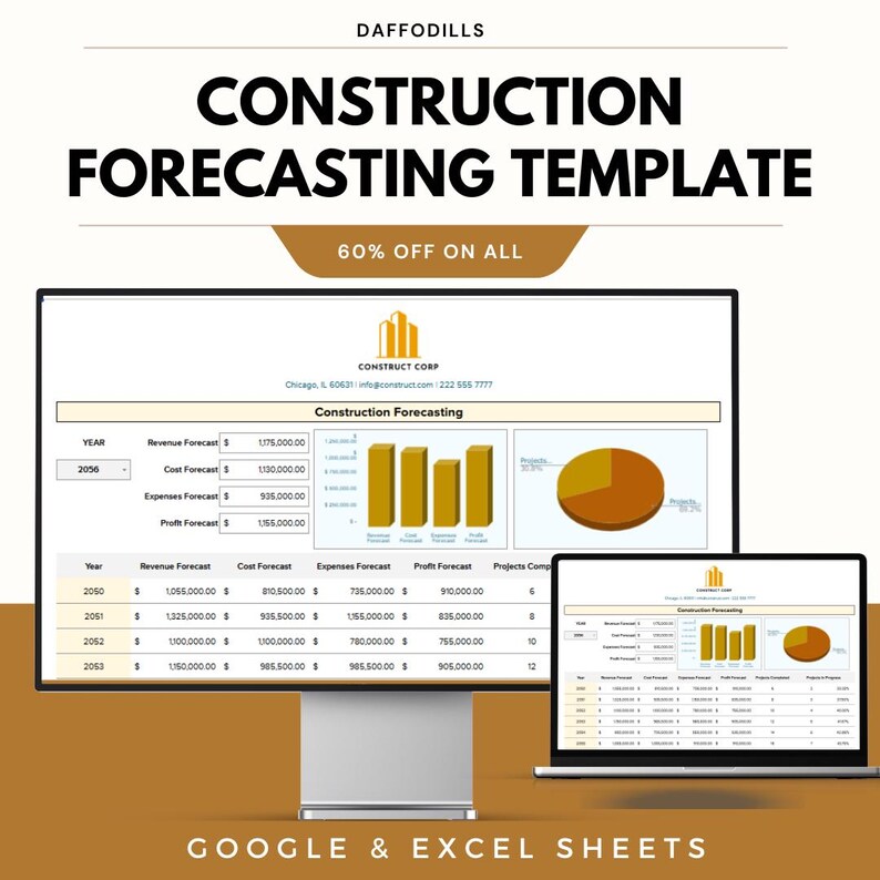 Op de afbeelding: Een digitale sjabloon voor bouwprognoses weergegeven op een computermonitor en laptop. De sjabloon bevat financi&euml;le gegevens, grafieken en de tekst "CONSTRUCTION FORECASTING TEMPLATE" en "60% OFF ON ALL". De sjabloon is voor Google & Excel Sheets.