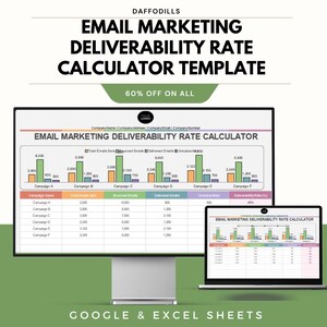 May include: A computer monitor and laptop show an email marketing deliverability rate calculator template. The template includes charts and data tables for tracking email campaign performance. The text on the screen reads "Email Marketing Deliverability Rate Calculator Template".