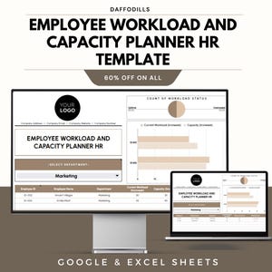 May include: A computer monitor and laptop show an "Employee Workload and Capacity Planner HR Template." The template includes charts, graphs, and data fields for tracking employee workload. The text "60% OFF ON ALL" is also visible.