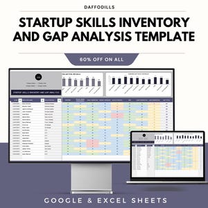 May include: A computer monitor and laptop display a "Startup Skills Inventory and Gap Analysis Template." The template includes charts and data tables. The text "60% OFF ON ALL" is visible. The bottom of the image reads "GOOGLE & EXCEL SHEETS."
