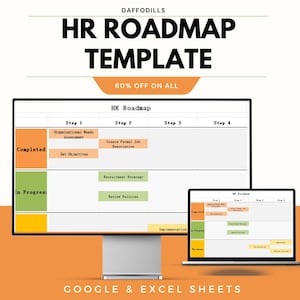 Może przedstawiać: Cyfrowy szablon HR Roadmap wyświetlany na monitorze komputera i laptopie. Szablon zawiera kroki dotyczące oceny potrzeb organizacyjnych, opisów stanowisk i strategii rekrutacji. Tekst na obrazie brzmi "HR ROADMAP TEMPLATE" i "60% OFF ON ALL."