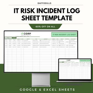 May include: A digital template for an IT Risk Incident Log Sheet, displayed on a desktop monitor and a laptop. The text reads "IT RISK INCIDENT LOG SHEET TEMPLATE" with a "60% OFF ON ALL" banner. The template is compatible with Google & Excel Sheets.