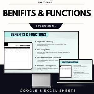 May include: A digital marketing image with the text "BENIFITS & FUNCTIONS" and "60% OFF ON ALL". The image shows a computer monitor, a tablet, and a laptop displaying the benefits of a product, including improved planning and risk mitigation.