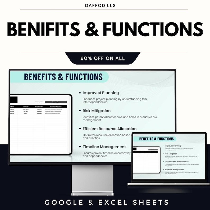 May include: A digital marketing image with the text "BENIFITS & FUNCTIONS" and "60% OFF ON ALL". The image shows a computer monitor, a tablet, and a laptop displaying the benefits of a product, including improved planning and risk mitigation.