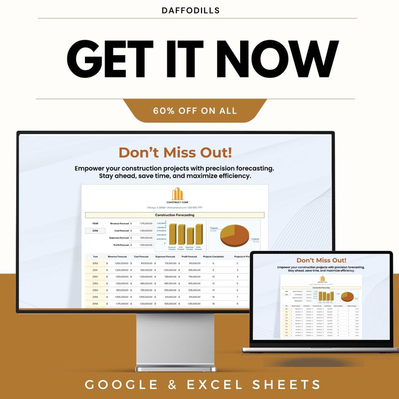 Op de afbeelding: Een promotieafbeelding voor software voor het voorspellen van bouwprojecten. De afbeelding toont een desktopcomputer en een laptop met spreadsheets. Tekst bevat "GET IT NOW", "60% OFF ON ALL" en "Don't Miss Out!" met de slogan "Empower your construction projects with precision forecasting."