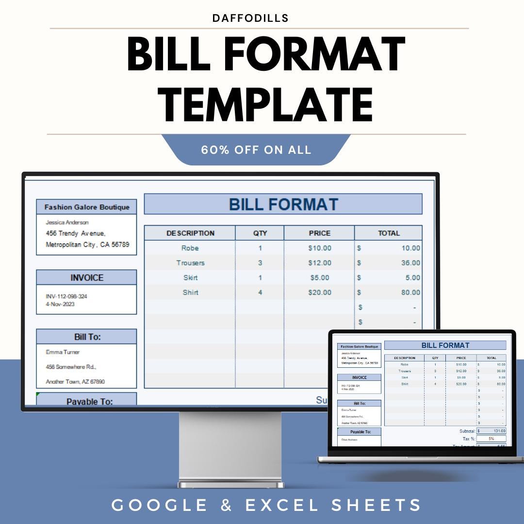 Bill Format Template | Professional Invoice Format | Excel and Google ...