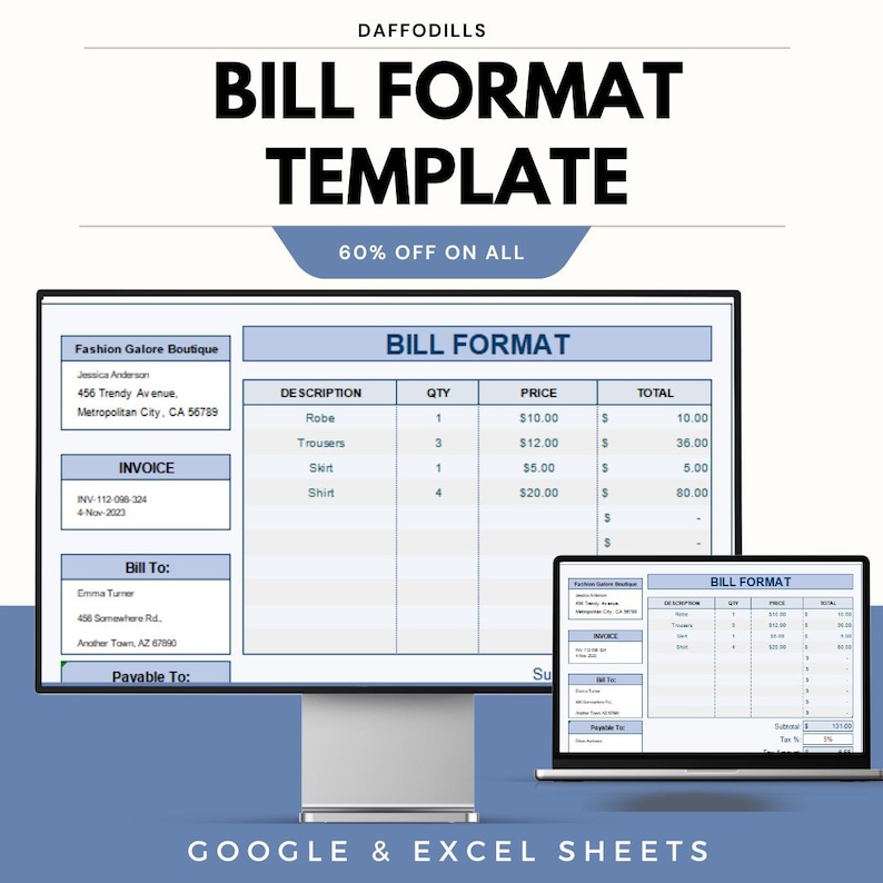Textbook Bill Example Bill Format Template | Professional Invoice Format | Excel and Google ...