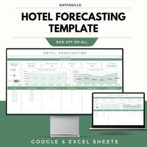 Mall för hotellprognos, hotellintäktsplanerare, beläggningsspårare, Excel- och Google Sheets-prognos, KPI-instrumentpanel för hotellbranschen
