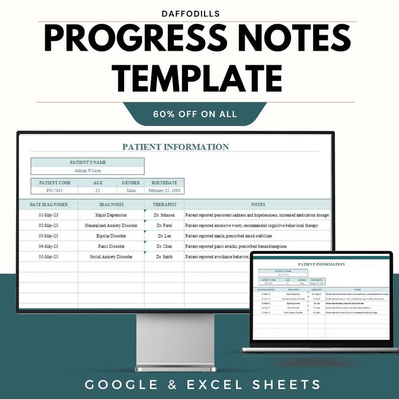 May include: A digital template for progress notes, displayed on a desktop monitor and a laptop. The template includes sections for patient information, diagnosis, therapist, and notes. The text "PROGRESS NOTES TEMPLATE" is prominently displayed.