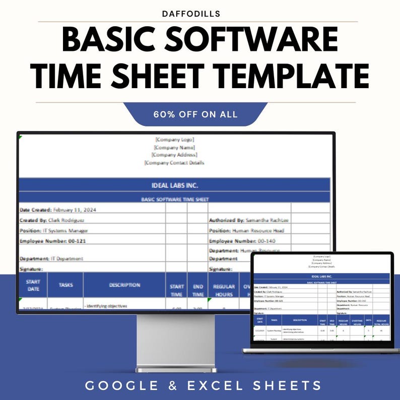 K&ouml;nnte beinhalten: Ein Computermonitor und ein Laptop zeigen eine "Basic Software Time Sheet Template" mit dem Text "Ideal Labs Inc." und "60% RABATT AUF ALLES". Die Vorlage enth&auml;lt Felder f&uuml;r Datum, Aufgaben und Zeiterfassung. Am unteren Rand steht "Google & Excel Sheets".