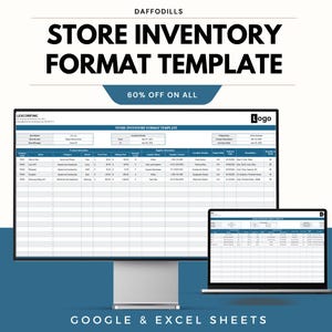 May include: A computer monitor and laptop displaying a store inventory format template. The template includes sections for product information, supplier details, and inventory data. The text "STORE INVENTORY FORMAT TEMPLATE" is displayed in large, bold letters.