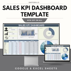 Puede incluir: Un monitor de computadora y una computadora portátil muestran una plantilla de panel de KPI de ventas. La plantilla incluye gráficos y tablas de datos. El texto en la pantalla dice "SALES KPI DASHBOARD TEMPLATE" y "60% OFF ON ALL". Diseñado para Google & Excel Sheets.