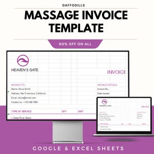 Puede incluir: Una plantilla digital de factura de masaje que se muestra en un monitor de computadora y una computadora portátil. La plantilla incluye campos para la información del cliente, los detalles del servicio y el número de factura. El texto dice "MASSAGE INVOICE TEMPLATE" y "60% OFF ON ALL".
