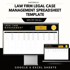 Op de afbeelding: Een digitale spreadsheet sjabloon voor advocatenkantoren, weergegeven op een desktopmonitor en een laptop. De sjabloon is gelabeld "Law Firm Legal Case Management Spreadsheet Template" en bevat de tekst "60% OFF ON ALL".