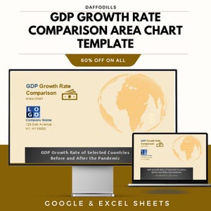 May include: A digital template for GDP growth rate comparison area charts. The image shows a computer monitor and a laptop displaying the template. The template includes a world map graphic and the text "GDP Growth Rate Comparison Area Chart Template".